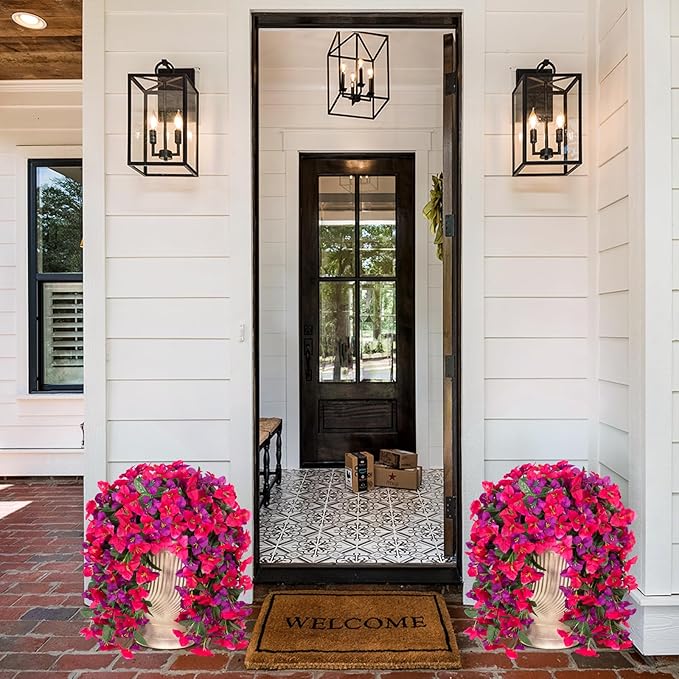 2 pcs Artificial Faux Bougainvillea Flowers Plants for Outdoor Outside Summer Decoration, Fake Silk UV Resistant Long Trailing Vines for Front Door Porch Planter Balcony (Rose Deep Lotus)