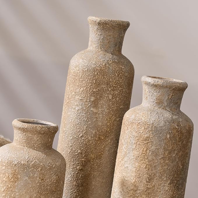 LUKA Ceramic Rustic Farmhouse Vase Set of 3,Terracotta Vases for Decor,Antique Vase for Your Bedroom,Office,Living Room,Fireplace,Bookshelf Decor,Housewarming (10+7.5+5 Inch)