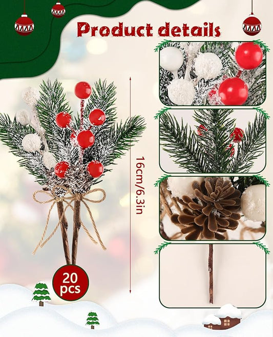 20 Pack 8inch Artificial Christmas Floral Picks, Red and White Fake Berry Picks Stems, Pine Branches Pick, Faux Floral Pick with Pinecones Holly Leaves for Vase Floral Arrangement Wreath Decor Crafts