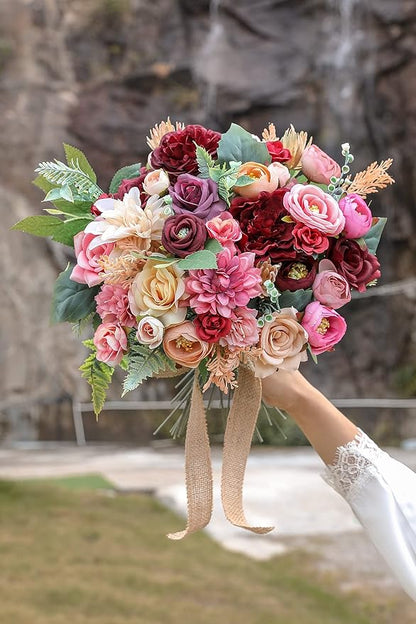 Serra Flora Artificial Flowers Combo Box Set Faux Flowers Bulk Flower Leaf with Stems for DIY Wedding Bouquets Centerpieces Baby Shower Party Home Decorations- (Burgundy Pink)