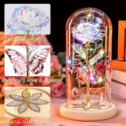 Beferr Christmas Birthday Gifts for Women, Mom Gifts for Christmas Galaxy Glass Rose Forever Preserved Flowers for Delivery Prime Rose in Glass Dome Xmas Gifts for Grandma Wife Sister Her, Rainbow