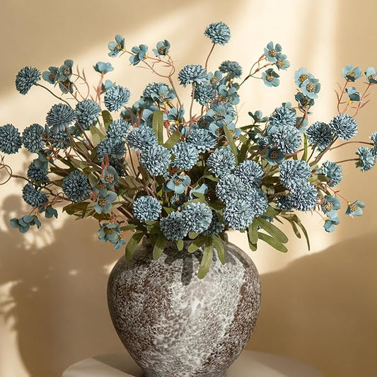 HyeFlora Fake Kiku Flowers,Faux Silk Pompon Mums 40heads Artificial Flowers,Chrysanthemum Stems Floral Arrangement Dried Flowers Vintage Decorative Indoor Home Vase Decor Blue with Wax
