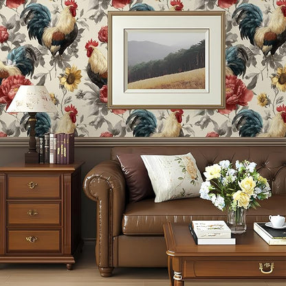 Floral Peel and Stick Vintage Animal Contact Paper Sunflower Rooster Removable Botanical Leaf Wallpaper 17.7" x 236.22" Wall Paper Watercolor Self Adhesive for Farm Bedroom laundry room bathroom