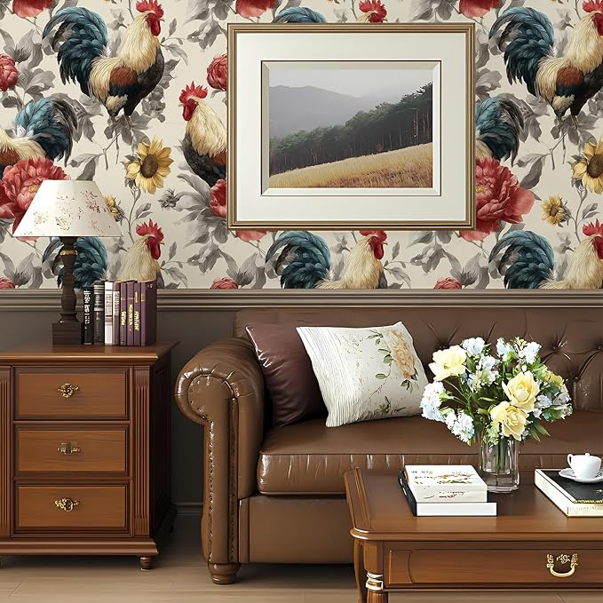 Floral Peel and Stick Vintage Animal Wallpaper Sunflower Rooster Removable Botanical Leaf 17.7" x 118.11" Wall Paper Watercolor Self Adhesive Contact Paper for Farm Bedroom laundry room bathroom