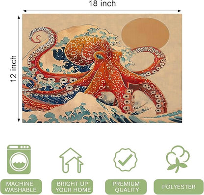 Retro Octopus Placemats Set of 6 Washable Table Vintage Japanese Wave Heat-Resistant Cotton Linen Place Mats for Dining Table Kitchen Indoor Outdoor Party Holiday Decor