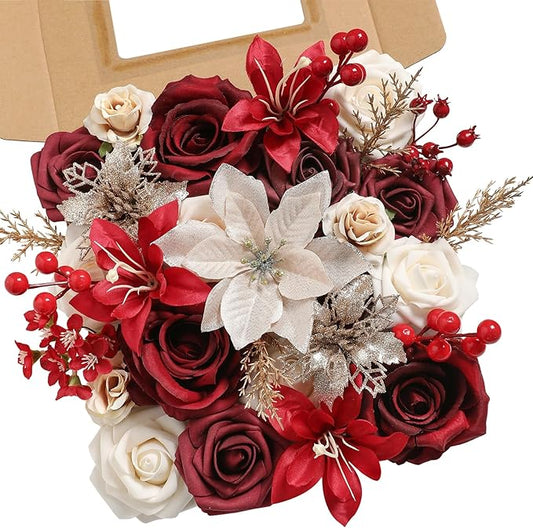 YYHUAWU Artificial Christmas Flowers Greenery Combo Box Set Faux Flowers Bulk Flower Leaf with Stems for DIY Tree Ornaments Xmas Wreath Floral Arrangements Centerpieces