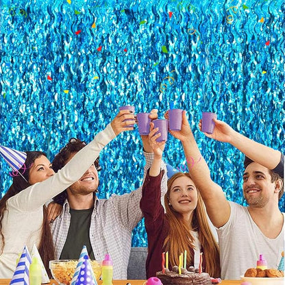TONIFUL 3Pcs Wavy Metallic Tinsel Foil Fringe Curtains Teal Blue Streamer Backdrop for Photo Booth Props,Party Door Wall Curtains,Bachelorette,Underwater World Birthday Party Decor (9.9ft x 6.6ft)