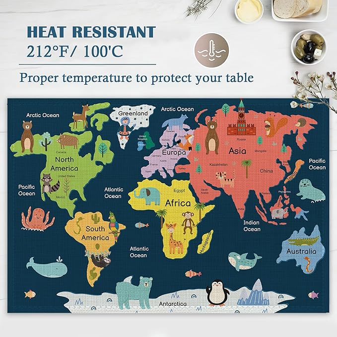 Map of The World Placemats Set of 4, Cute Animals Place Mats Non-Slip Heat Resistant Washable Placemat for Party Kitchen Dining Table Decoration Indoor Outdoor 12x18 Inch