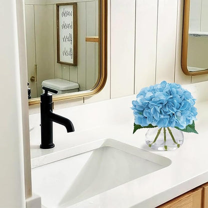 Big Petals Hydrangea Artificial Flowers in Vase, Blue Silk Fake Flowers Silk Centerpiece Table Decorations for Dining Room,Coffee Table Decor,Wedding, Home with Faux Water decorr (Sea Blue)