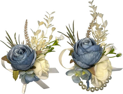 Corsage and Boutonniere Set Corsage Wistlet Dusty Blue Corsage Wrist Artificial Flower Perfert for Proms | Weddings for Bride,Bridesmaids, Groom,Groomsmen Decor (Dusty Blue)