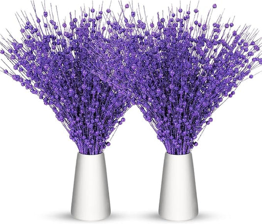 Geosar 30 Pcs Christmas Artificial Glitter Berry Stem Decorations 17 Inch Faux Stick Floral Pick Centerpiece Bouquet Flower Bead Twigs for Centerpiece Tree Wreath Xmas Ornaments Home(Purple)