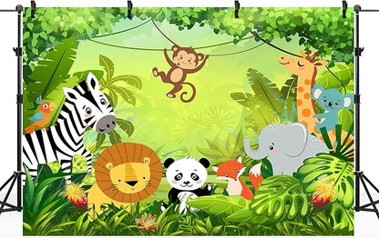 Riyidecor Jungle Safari Animal Backdrop Polyester Fabric Green Animation Kids Panda Lion 7Wx5H Feet Cute Wildlife Zoo Zebra Photography Background Birthday Baby Shower Photo Studio Shoot