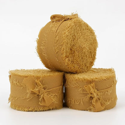 MEEDEE Ginger Yellow Chiffon Ribbon 1 Inch Frayed Chiffon Silk Fringe Ribbon Thin Chiffon for Crafts, Gift Wrapping, Wedding Invitation (3 Rolls 21 Yards)