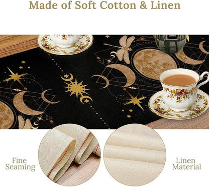 Gothic Moth Table Runner, Boho Floral Gothic Sun Moon Phase Mystical Witchy Starlight Coffee Table Center Decor for Home Kitchen Dining Patio Holiday Party Table Decorations 13x108 inches
