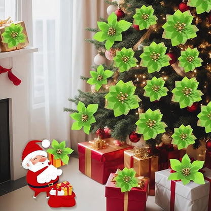 WILLBOND 24 Pcs 3 Size Poinsettia Flower Artificial Christmas Decor Glitter Poinsettia Christmas Ornaments Faux Flowers for Xmas Tree Outdoor(4/6/7.9 Inches,Green)