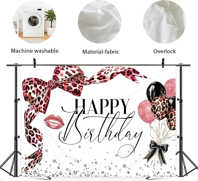 Pink Leoprad Bow Backdrop 7Wx5H Photography Happy Birthday Girls Lips Dimonds Black Brown Bowknot Balloons Background Fashion Elegant Bday Party Decorations Banner Photo Booth Props Supplies