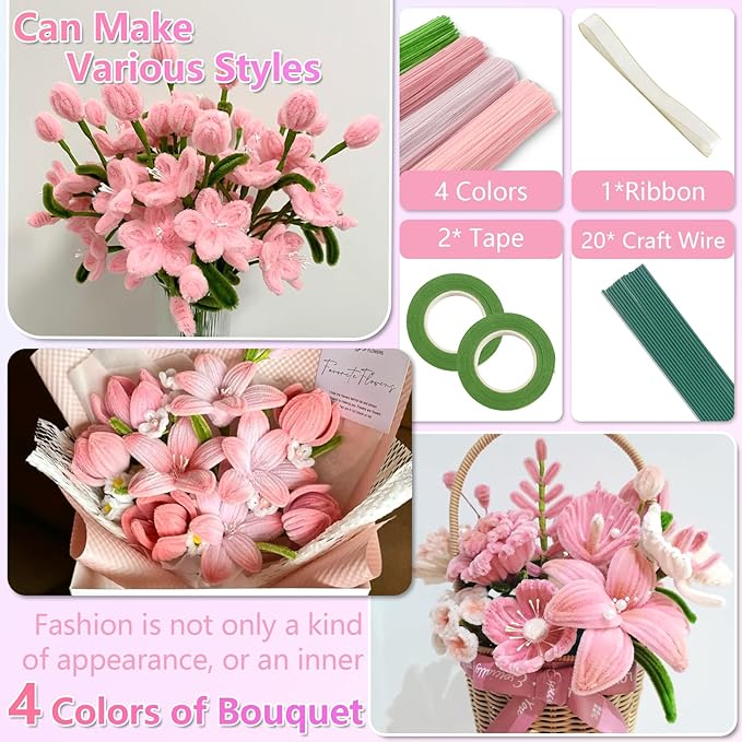 400 Pcs Pipe Cleaners Craft,4 Assorted Colors Pipe Cleaners Bulk, Chenille Stems for DIY Flower Making Kit with Floral Wires, Gardening Tape,Stamen& Ribbon (Pink)