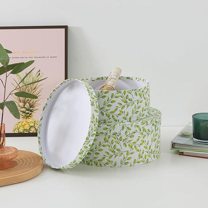 Soul & Lane Oblong Decorative Cardboard Storage Boxes with Lids, Set of 2 Botanical Green and White Keepsake Memory Boxes, Oval Nesting Paperboard Storage for Gifts, Lovely Leaves