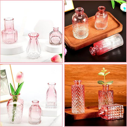 Glass Bud Vases Set of 12, 12Pcs Glass Bud Vases,Small Glass Vases for Centerpieces,Pink Vase for Flowers,Mini Vintage Flower Vase in Bulk for Rusti Wedding Home Room Office Table Decor(Pink)