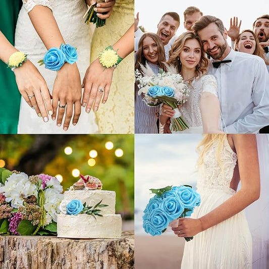 JOYLEX Artificial Flowers Realistic Roses, 50pcs Real Looking Fake Roses with Stem for DIY Wedding Bouquets Centerpieces Bridal Shower Party Home Romantic Decorations (Light Blue)