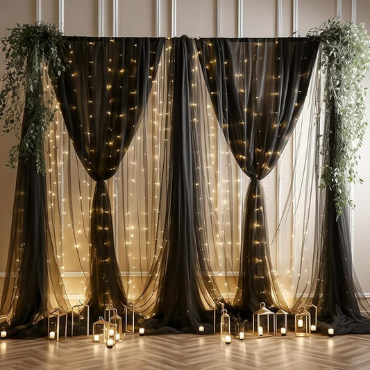 30ft x 10ft Black Backdrop Curtain with Lights String for Parties, Sheer Tulle Wedding Photo Backdrops Drapes for Baby Shower Birthday Party Decorations Background for Photography