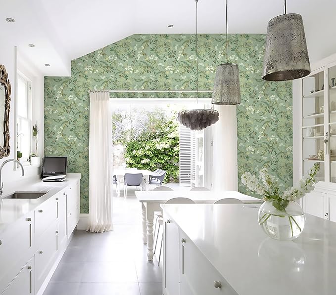 Guvana Floral Peel and Stick Wallpaper Leaf Contact Paper Self Adhesive Wallpaper Colorful Flower Contact Paper for Bedroom Livingroom Decor16.14 x78.7(Light Green Background)