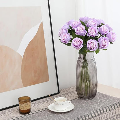 Hawesome Fake Roses Artificial Silk Flowers - 12 Pcs Purple Roses Artificial Faux Flowers with Stems for Home Wedding Centerpiece Hotel Office Decor