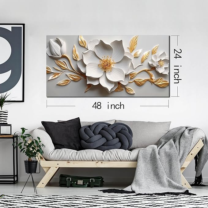 Canvas Wall Art for Living Room Bedroom Office White and Gold Flower Artwork Large Botanical Wall Art Framed Wall Decor Modern Canvas Prints 24x48 In