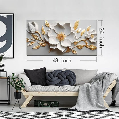 Canvas Wall Art for Living Room Bedroom Office White and Gold Flower Artwork Large Botanical Wall Art Framed Wall Decor Modern Canvas Prints 24x48 In