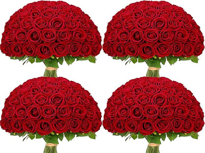 Waipfaru 100 Pcs Red Roses Artificial Flowers Bulk, Real Touch Velvet Roses with Wrapping Paper, Fake Flowers for Wedding Centerpieces Bridal Bouquet Valentines Mothers Day Decor