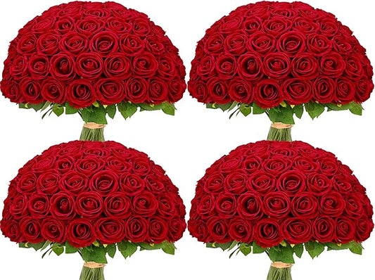 Waipfaru 100 Pcs Red Roses Artificial Flowers Bulk, Real Touch Velvet Roses with Wrapping Paper, Fake Flowers for Wedding Centerpieces Bridal Bouquet Valentines Mothers Day Decor