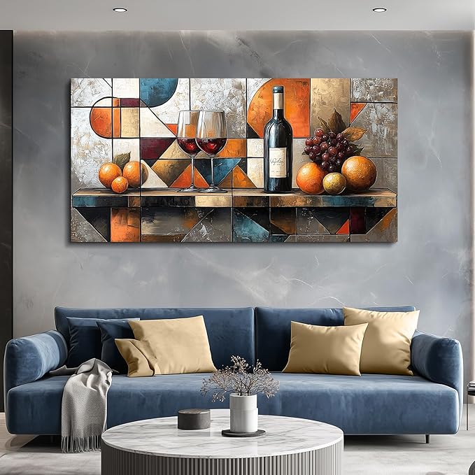 hyidecorart Canvas Wall Art For Kitchen Wall Decor For Living Room Dining Room Decorations Wine Glass Fruit Painting Still Life Geometry Abstract Picture Artwork Pub Posters Home Decor 20"x40"