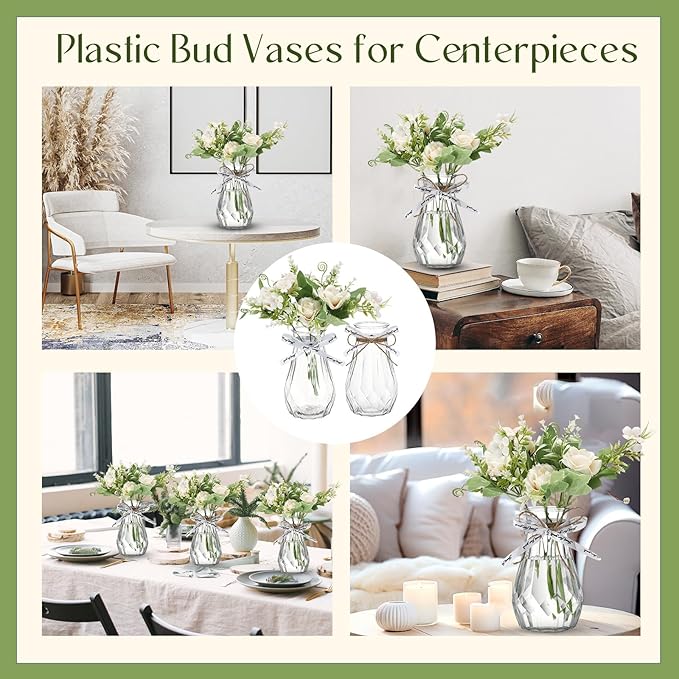 Bokon Set of 12 Pcs Small Plastic Bud Vases in Bulk with Gift Wrapping Ribbon, Vases for Flower, Wedding Centerpieces for Home Decor, Living Room, Office Decoration, Housewarming Party Gift (Clear)