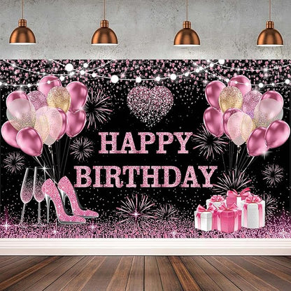 YinQin 180x120 cm Pink Golden Happy Birthday Backdrops Cloth 71x47 inch Bday Party Photography Backgrounds Glitter Black Rose Golden Happy Birthday Sign Banner Decoration for Women Girl