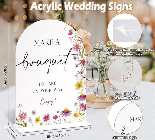 6x8" Make a Bouquet Sign for Wedding Table Decor, Wild Flower Arch Acrylic Wedding Signs for Reception, Floral Bridal Shower Engagement Party Decor for Baby In Bloom Baby Shower Decorations