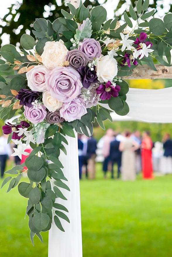 ponatia Wedding Arch Flowers with 26Ft Chiffon Fabric, Artificial Purple Flowers for Wedding Welcome Signs Decorations for Wedding Ceremony Reception (Lilac & Cream)