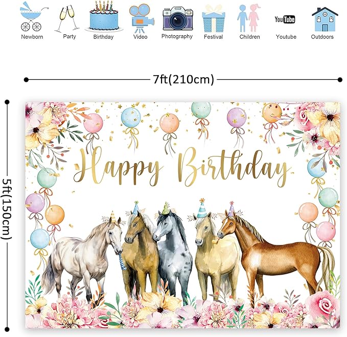 Riyidecor Horse Happy Birthday Backdrop Watercolor Hat Floral Plants Western Cowgirl 7Wx5H Feet Polyester Fabric Modern Balloons Photography Background Cool Table Decor Banner Studio Photo Shoot