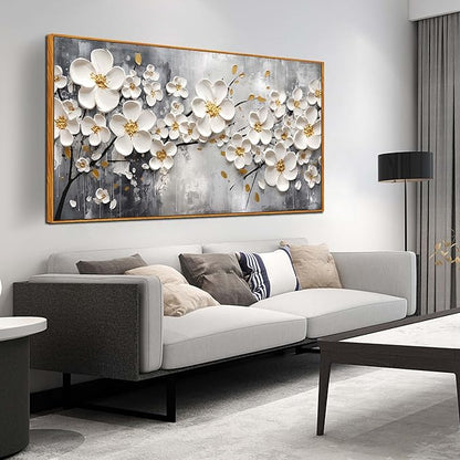 White Flower Art for Walls In Living Room - Office Wall Decor for Women - Wooden Framed Wall Art for Bedroom Size 29" x 59"