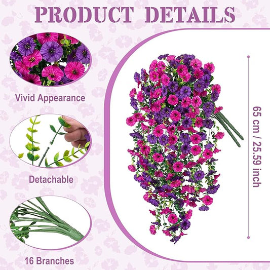 Artificial Hanging Flowers for Outdoor, 2pcs Fake Plants Long Vine Morning Glory Eucalyptus, UV Resistant Realistic Faux Greenery Indoor Outside Patio Porch Garden Spring Summer Decor, Purple