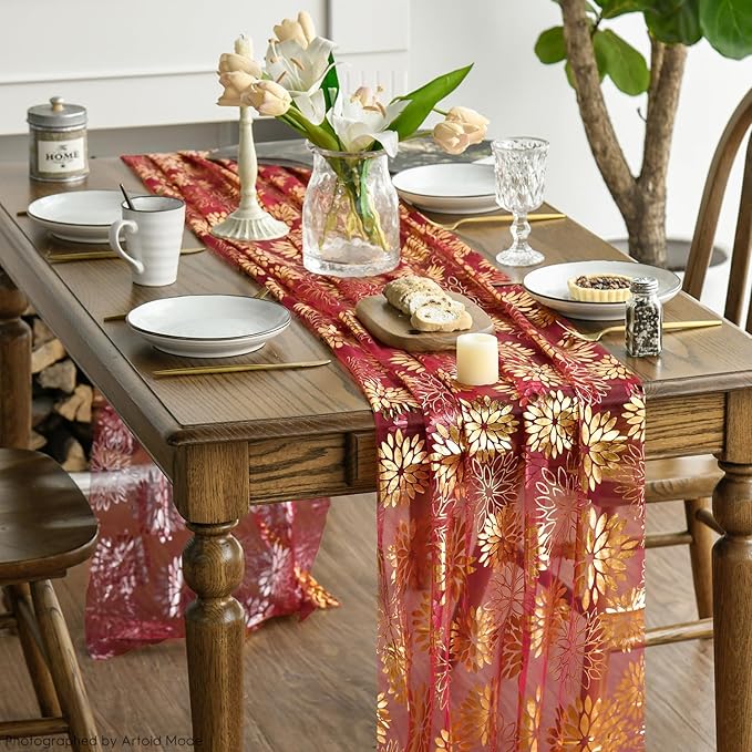 Artoid Mode Red Gold Dahlia Flower Gauze Table Runner 120 Inch 10FT, Glitter Metallic Foil Seasonal Sheer Dining Holiday Table Decor for Home Party