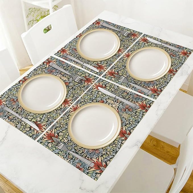 Vintage Flower Placemats Set of 4, William Morris Retro Boho Botanical Plant Place Mats, Heat Resistant Non Slip Cotton Linen Dining Table Mats for Home Kitchen Party 18x12 Inch