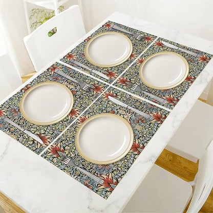 Vintage Flower Placemats Set of 4, William Morris Retro Boho Botanical Plant Place Mats, Heat Resistant Non Slip Cotton Linen Dining Table Mats for Home Kitchen Party 18x12 Inch