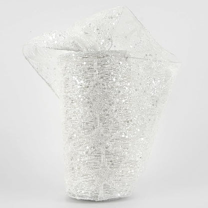 MEEDEE 6 Inch Wide Wired Ribbon White Glitter Mesh Web Wired Edge Ribbon by 10 Yards Roll White Mesh Wired Ribbons for Christmas Tree, Garland, Holiday Crafts, Bows, Centerpiece, Gift Wrapping