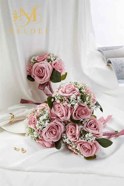 Meldel 6.5 Inch Bridesmaid Bouquet Set of 6, Wedding Bouquets for Bridesmaids, Rose Bridesmaid Bouquets for Wedding, Artificial Wedding Bouquet Flower, Floral Wedding Centerpieces