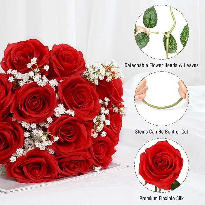 Waipfaru 20 Pcs Fake Red Roses Babys Breath Artificial Flowers Bulk, Silk Red Rose Faux Babys Breath with Long Stems for Wedding Bouquet Vase Flower Arrangement