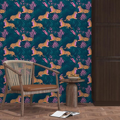 Tropical Contact Paper Tiger Wallpaper Peel and Stick Vintage Animal Wall Paper for Bedroom Bathroom Drawer Counter Cabinet Renter Friendly 17.5 x 78.5In