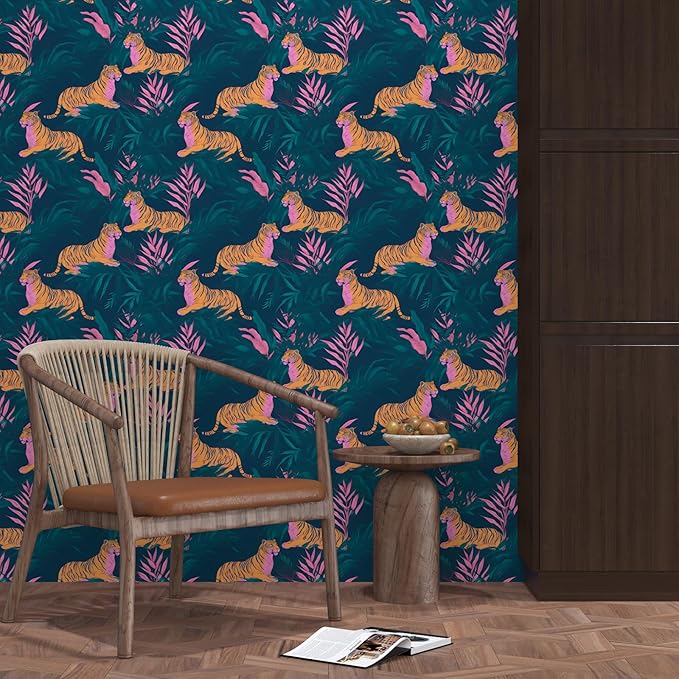 Tiger Wallpaper Peel and Stick Tropical Contact Paper Jungle Animal Boho Vintage Renter Friendly Wall Paper for Drawer Wall Countertop Cabinet Removable 17.5 x 118In