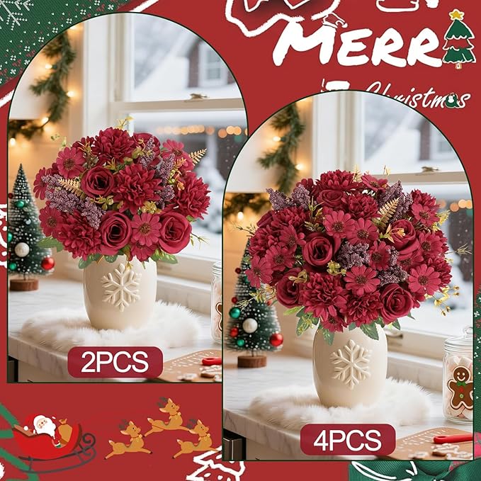 Dremisland Artificial Christmas Flowers 2 Bundles Fake Roses Silk Like Real Artificial Bouquets with Daisy Chrysanthemum Faux Flowers Arrangements for Christmas Centerpiece Table Home Decor