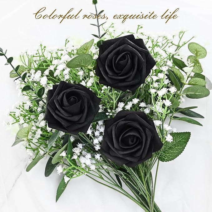 BLEUM CADE 36Pcs Artificial Flowers Fake Roses with Stems, Black Boxed Foam Roses for DIY Bouquets Centerpieces Wedding Party Arrangement Bridal Shower Decor