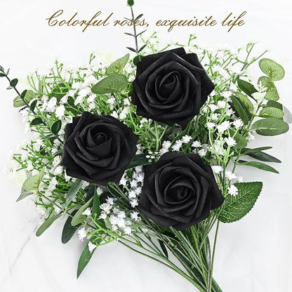 BLEUM CADE 16Pcs Artificial Flowers Fake Roses with Stems, Black Boxed Foam Roses for DIY Bouquets Centerpieces Wedding Party Arrangement Bridal Shower Decor